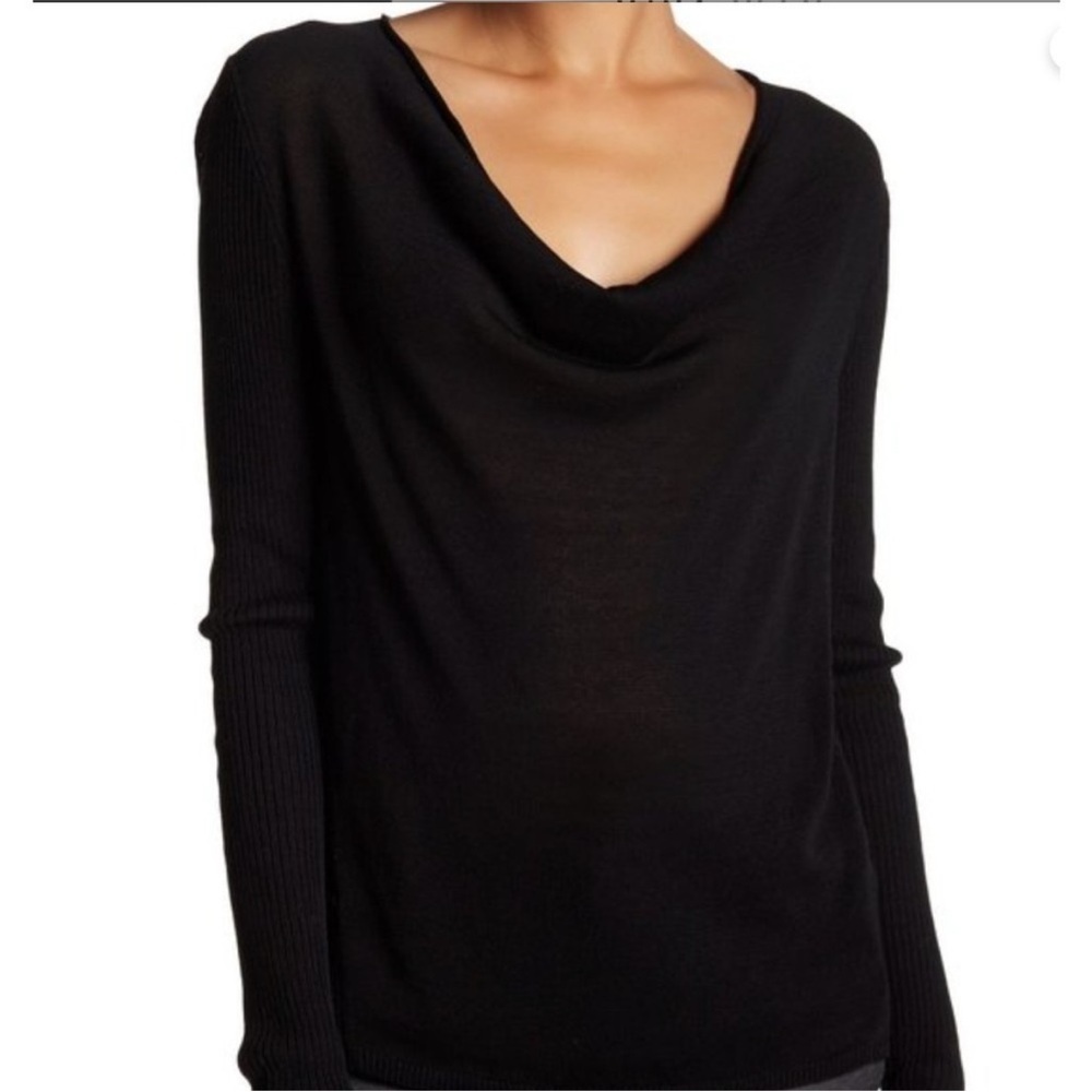 NWT Eileen Fisher Black Fine Tencel Knit Draped Cowl Neck Long Sleeve Top L
